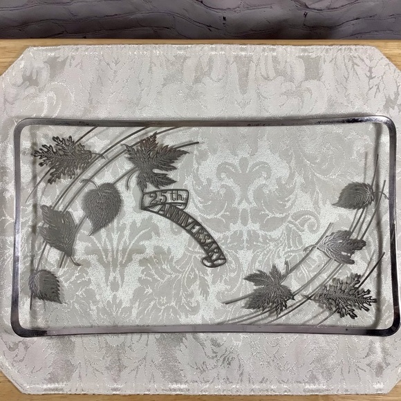 Vintage 1940’s Rectangular 25th Anniversary Clear Glass Tray with Silver… - Picture 1 of 6